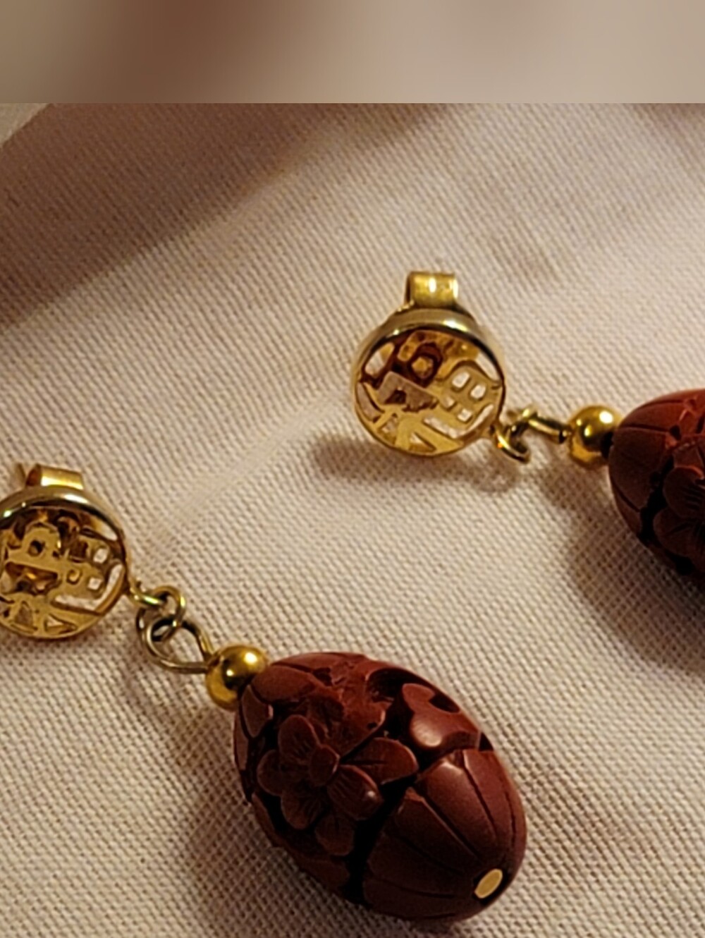 Vtg Artisan Gold-Tone Red Carved Floral Drop Earrings